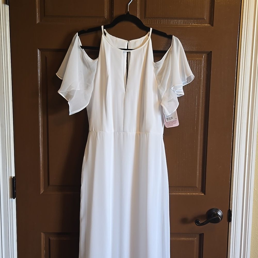 Thread-Ivory chiffon cold shoulder short sleeved long dress Sz 10 NWT.